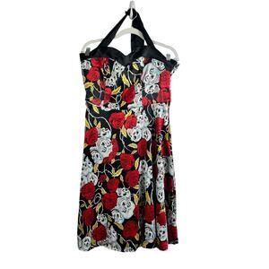 New Skull Roses Print Dress Tells Halter Tie Neck Fit & Flare Mini Dress Large
